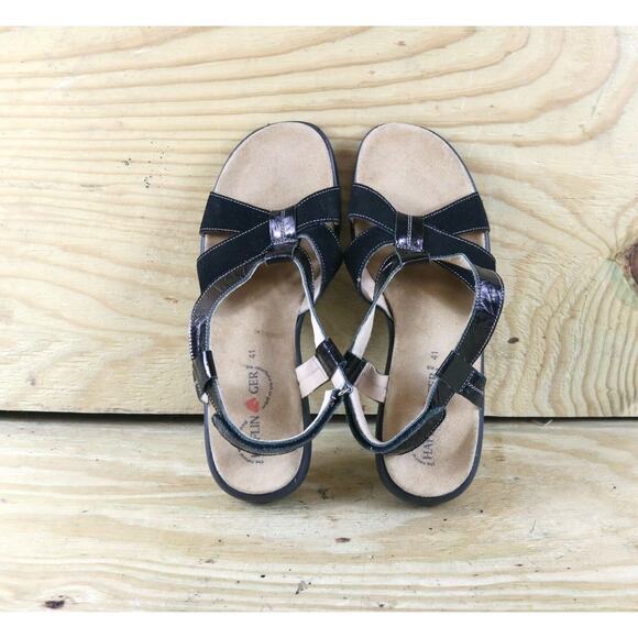 Haflinger Sandals Womens 10 Black Velvet Patent Leather 41 Slingback Wedge - Picture 6 of 8